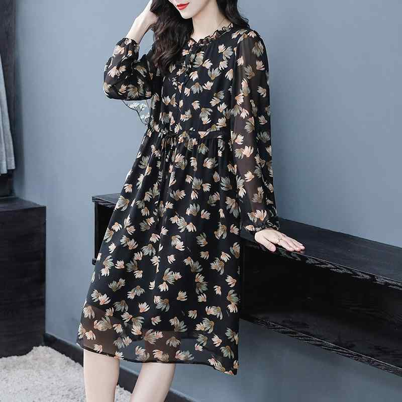 ワンピース レディース 長袖 ピーターパンカラー 花柄 シフォン ゆったり 大きいサイズ 韓国ファッション おしゃれ ママ ミセス 秋冬