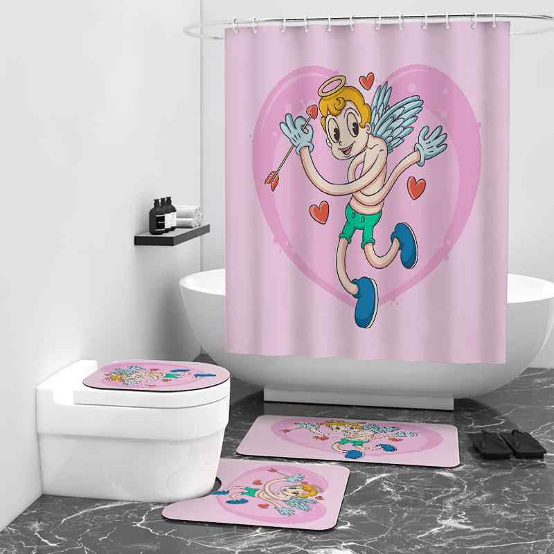 シャワーカーテン 防水加工 さわやか モダン ピンク ハート柄 プリント バスルーム用 間仕切り バスマット3点セット付き 4点セット ポリエステル