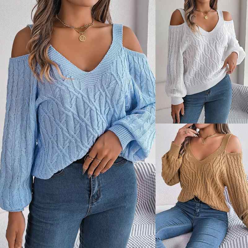 Long-Sleeved Knit - ニット レディース 秋冬 無地 ケーブル編み オフショルダー ランタンスリーブ 長袖 ゆったり プルオーバー スクエアネック アクリル ベーシック カジュアル ストリートファッション