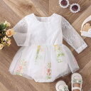 ロンパース 女の子 ベビー 幼児服 秋冬 長袖 おむつ替え便利 ポリエステル レース切り替え 刺繍 チュールスカート ホワイト ピンク ライトグリーン