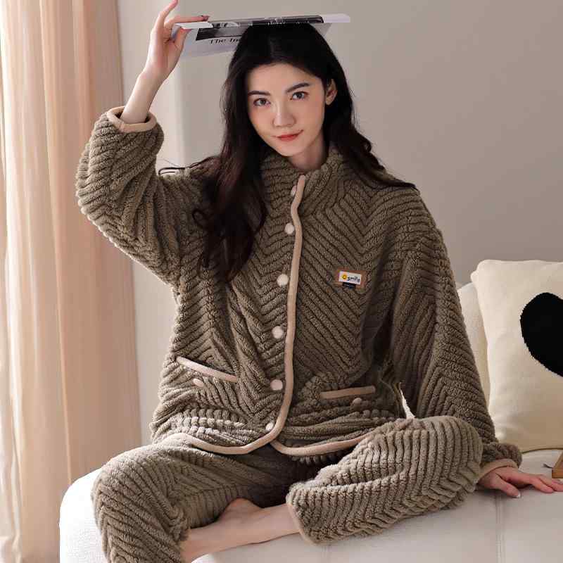 パジャマ レディース 秋冬 暖かい 保温 厚手 裏起毛 サンゴフリース もこもこ 前開き カーディガン ゆったり シンプル ルームウェア 上下セット