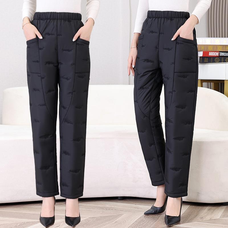 保温 厚手 中綿パンツ レディース ミセス シニア 婦人 黒 ブラック ストレート ロング ハイウエスト ポケット付き ポリエステル 秋冬 お出かけ 外出用 上品 おしゃれ シワになりにくい