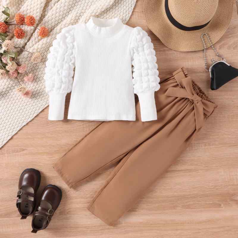 キッズ 女の子 セットアップ 秋冬 ハイネック チェック柄 パフスリーブ 長袖 トップス 無地 ロングパンツ 2点セット おしゃれ かわいい 綿 コットン カジュアル ガールズ 子供服