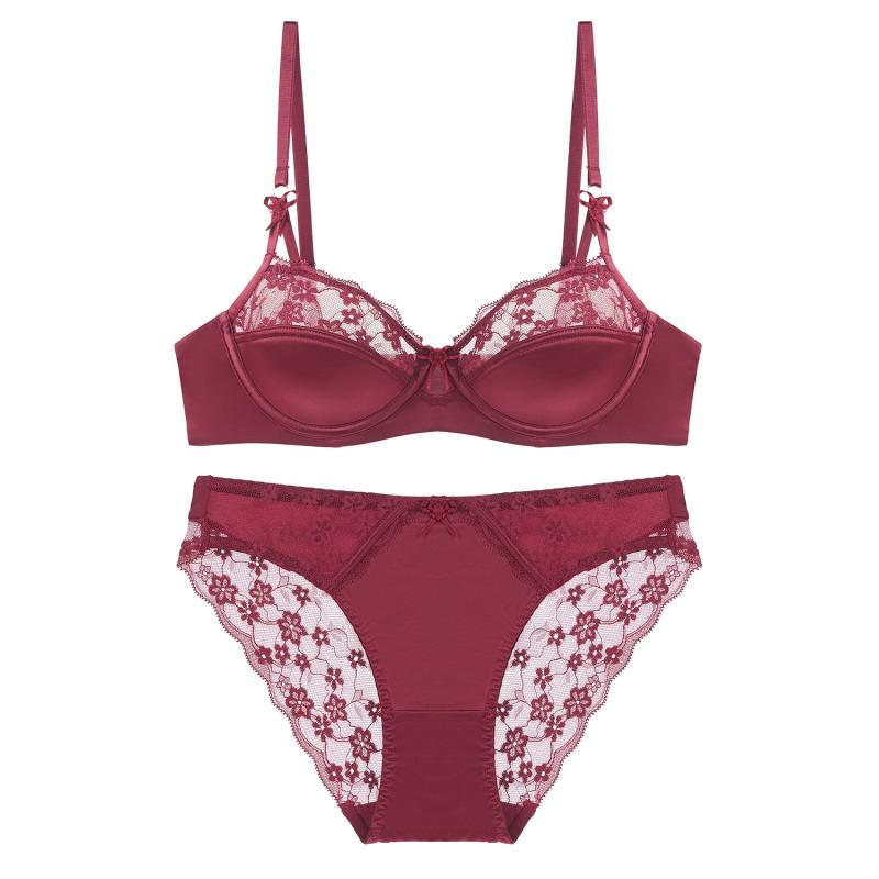 ブラジャー&ショーツ セット レディース 華奢見え 脇高 垂れ防止 リフトアップ 薄手カップ スムース レース セクシー 下着 通気性 快適 フレンチスタイル レッド ランジェリー 3/4カップ 2段ホック