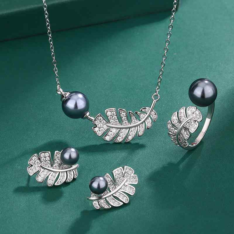 ジュエリーセット レディース イミテーション淡水パール フェザーモチーフ リング S925シルバーピアス ジルコニア タヒチ風パール ネックレス ボックスチェーン 欧米スタイル 通勤 オフィス 3点セット