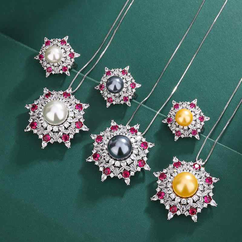 アクセサリー セット レディース 女性用 指輪 ネックレス エメラルド ルビー パール 模造パール サンフラワー 欧米風 軽やかな高級感 華やか 通勤 オフィス フォーマル 銅製 ゴールドメッキ