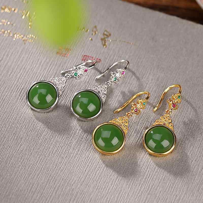 ピアス レディース 女性用 925純銀 金メッキ プラチナメッキ 和田玉 碧玉 中国風 アジアンテイスト 如意 ラウンド 円形 レトロ ヴィンテージ エレガント 上品 春夏 普段使い お出かけ