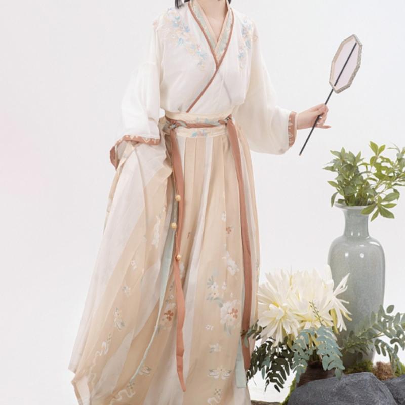 漢服 レディース 女性用 晋制 斉腰襦裙 古風 日常着 刺繍 交襟 エレガント 華やか 優雅 ポリエステル素材 秋冬 オレンジ 青