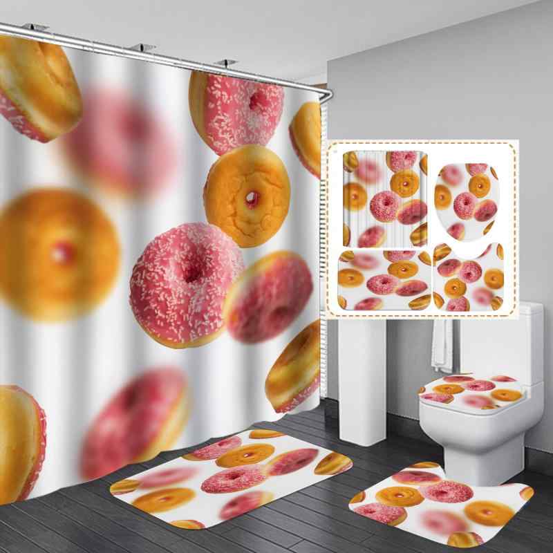 シャワーカーテン 防水 穴開け不要 つっぱり式 ドーナツ柄 高画質プリント ポリエステル 4点セット バスルーム間仕切り ホテルライク おしゃれ かわいい アメ...