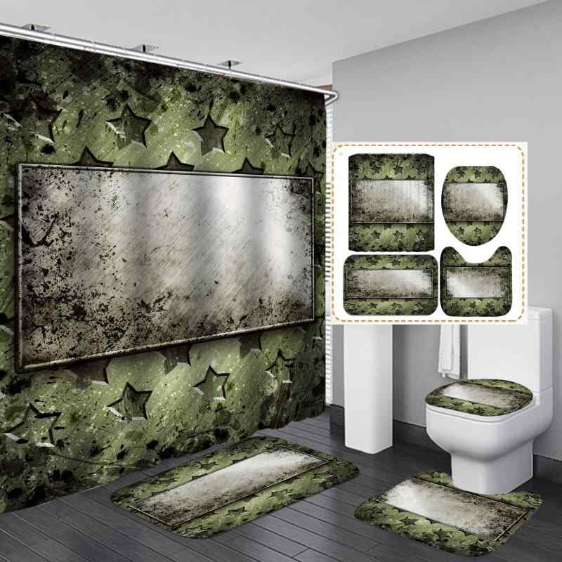 シャワーカーテン 防水 穴あけ不要 突っ張り棒式 賃貸OK 浴室 間仕切り ホテル仕様 ミリタリーグリーン柄 アメリカンスタイル ポリエステル 4点セット バス...