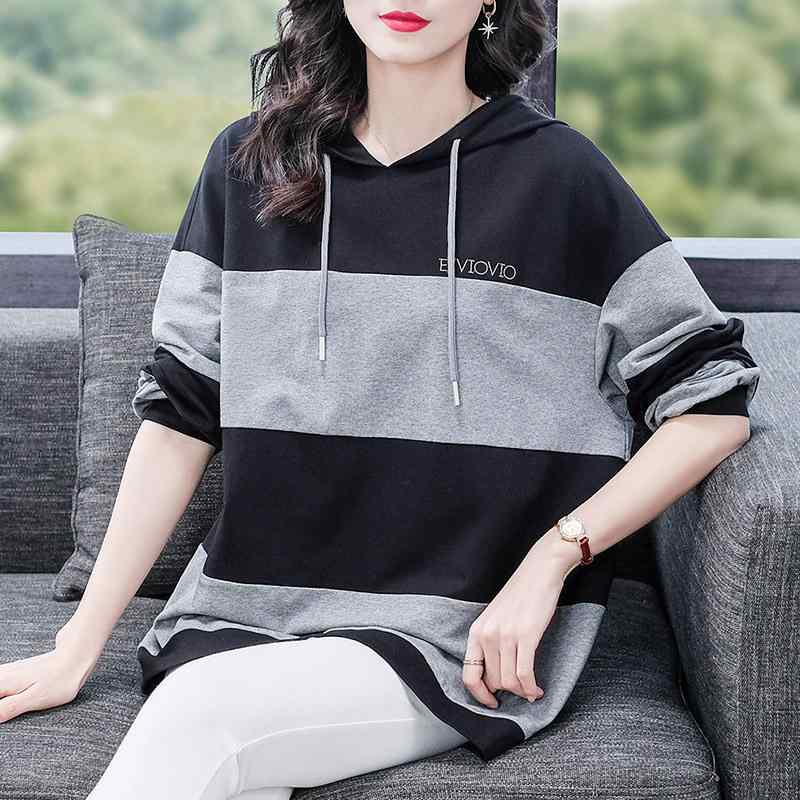 パーカー レディース ミセス 大きいサイズ プラスサイズ ゆったり ルーズ フード付き 長袖 ボーダー柄 着痩せ効果 おしゃれ 着回し 春夏 綿混 中厚手 黒 ブルー