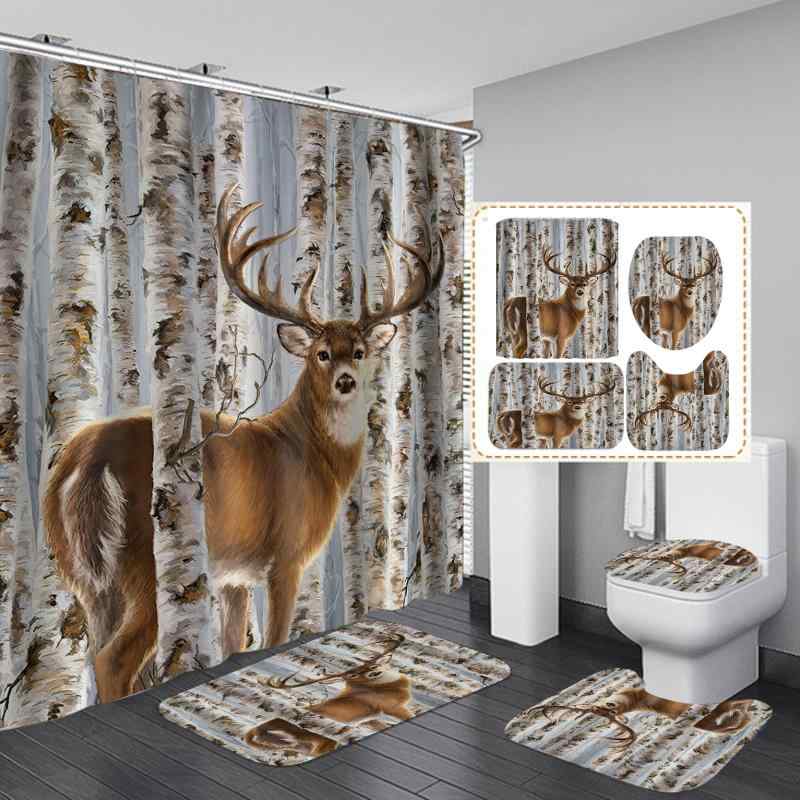 バスカーテン 4点セット 高精細プリント 梅花鹿柄 防水 つっぱり棒不要 浴室 間仕切り ホテル仕様 ポリ..