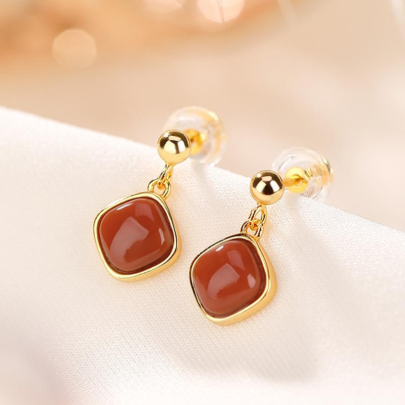 ピアス レディース S925純銀 金メッキ 南紅瑪瑙 ひし形 レトロ アンティーク シンプル 小ぶり 華奢 エレガント 上品 スタッドピアス オフィス カジュアル デイリー