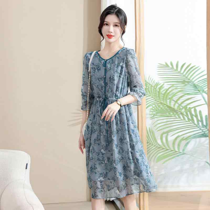 ワンピース レディース ミセス ゆったり ルーズフィット 長袖 中国風 改良 チャイナドレス 大きいサイズ 体型カバー 薄手 シフォン ドット柄 ピーターパンカラー 秋物