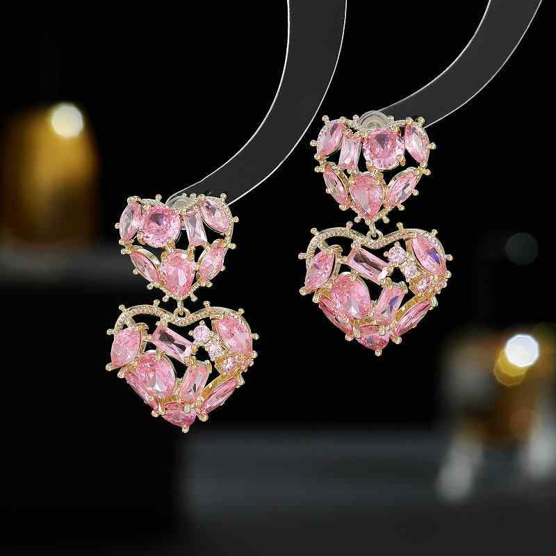 Rhinestone - ピアス レディース 銅製 高級感 ジルコニア 埋め込み 透かし彫り 立体感 連結ハート ファッション 通勤用 アクセサリー ホワイト ピンク パープル