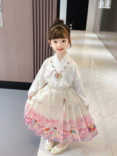 漢服 セットアップ キッズ 女の子 馬面スカート 中華風 高級感 秋冬 動物柄 綿素材 ピンク 民族衣装 唐装