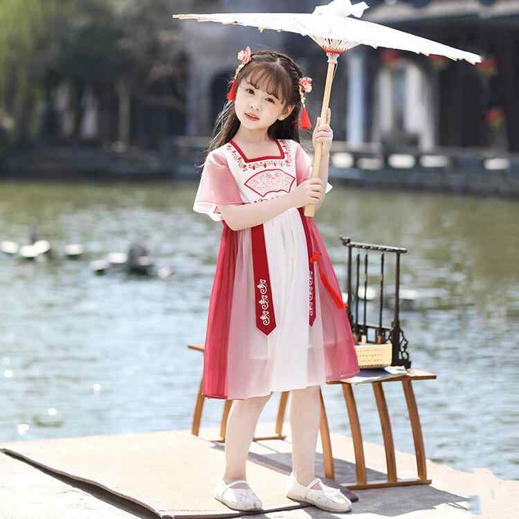 漢服 キッズ 女の子 小学生 中学生 春夏 花柄 メッシュ ポリエステル素材 柔らかな肌触り ワンピース ドレス 写真撮影 発表会 ダンス 舞台衣装 卒業式 卒園式 中国風 レトロ 記念撮影 イベント
