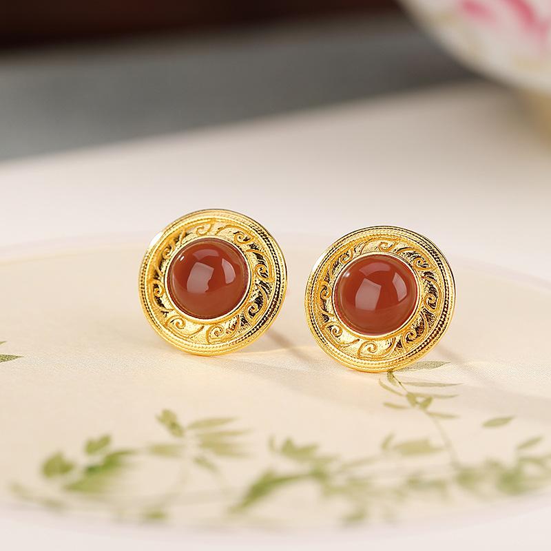ピアス レディース S925純銀 金メッキ 南紅 ラウンド 祥雲 吉祥模様 レトロ アンティーク調 小さめ 華奢 デイリーユース カジュアル ファッション