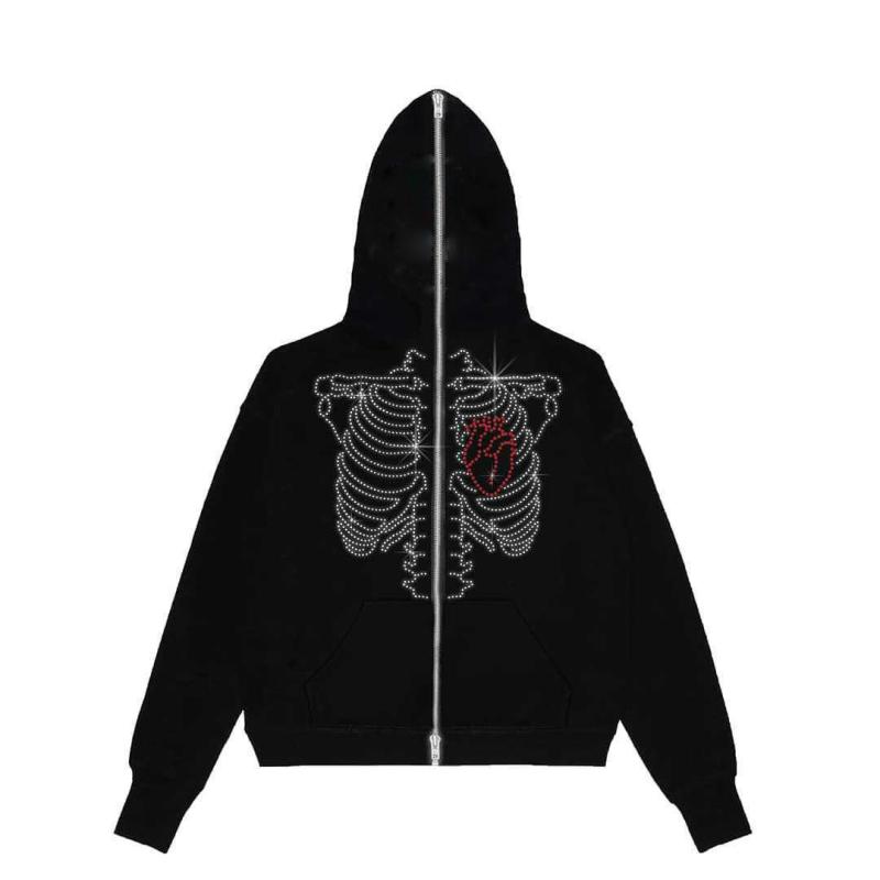 パーカー レディース 秋冬 フード付き ジップアップ スウェット スカルプリント ゆったり 長袖 ライト..