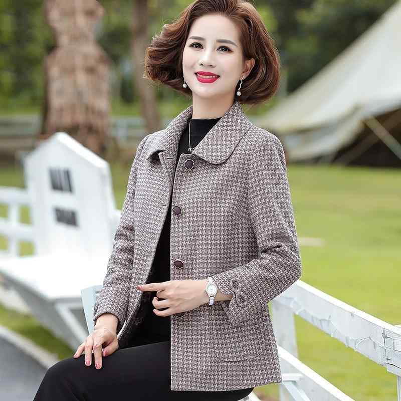 ジャケット レディース ミセス シニア 春秋 ショート丈 ウール調 ツイード調 チェック柄 ボタン付き 上品 エレガント カジュアル ポリエステル混紡 グリーン パープル