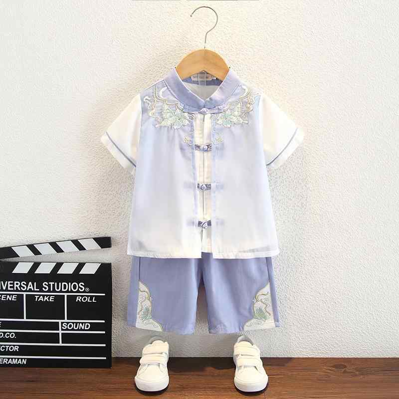 キッズ 男の子用 漢服 チャイナ服 薄手 半袖 夏用 柔軟加工 ポリエステル素材 中華風 唐装 書生風 上下セット 中国伝統衣装 高級感 イベント コスプレ 赤 青