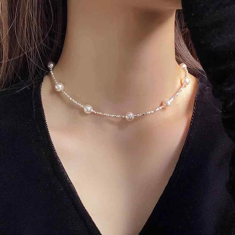 Pearl White - ネックレス レディース S925純銀 スターリングシルバー パール パール ハンドメイド 不揃いシルバー 幾何学模様 デコルテ ミディアム丈 上品 エレガント 高級感 トレンド 軽量 オフィス カジュアル