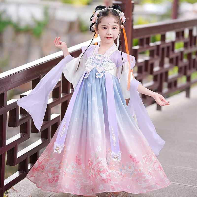 キッズ 女の子 漢服 唐装 中国風 古風 襦裙 シフォン素材 柔らかい 花柄 リボン プリンセス かわいい 演奏会 発表会 衣装 春夏 半袖