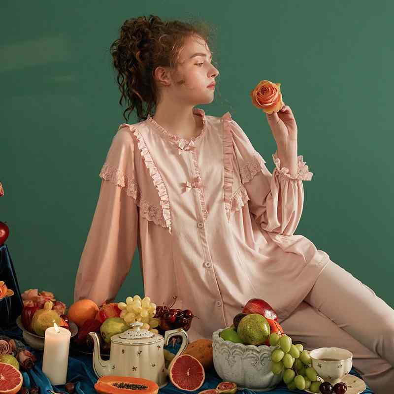 ルームウェア レディース 綿 コットン 薄手 快適 長袖 長パンツ 上下セット 春秋 パジャマ 部屋着 女性用 かわいい プリンセス風 宮廷風 レトロ フェミニン スウィート