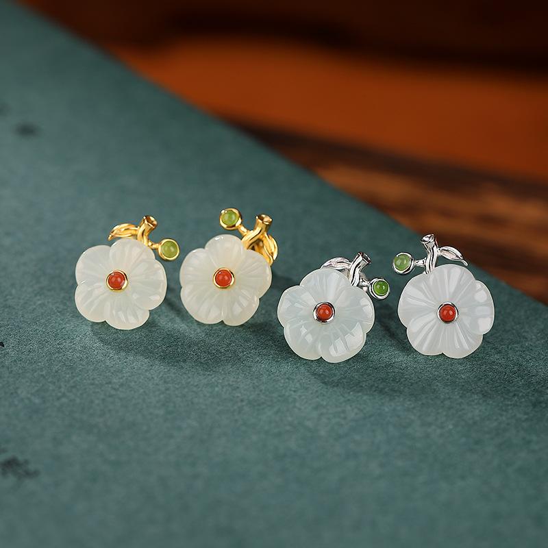 ピアス レディース 女性用 S925純銀 シルバー925 ゴールド 金メッキ 南紅瑪瑙 和田玉 碧玉 天然石 梅の..