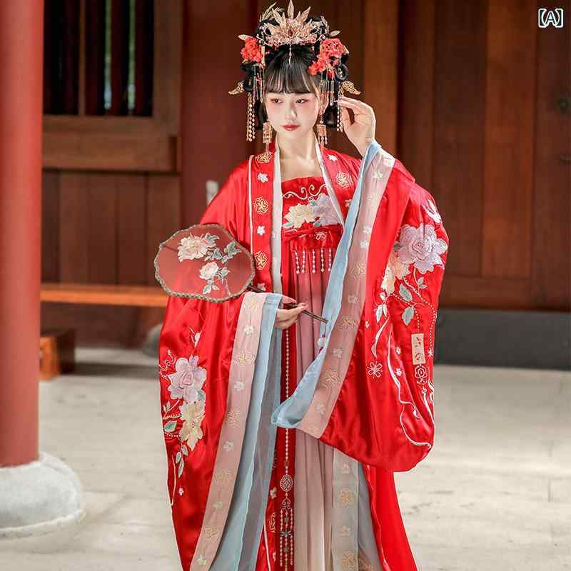 漢服 レディース オリジナル 唐装 中国風 刺繡 花嫁 結婚式用 大袖衫 訶子裙 上下セット 赤 春秋冬 ゆったり 綿混素材 レースアップデザイン