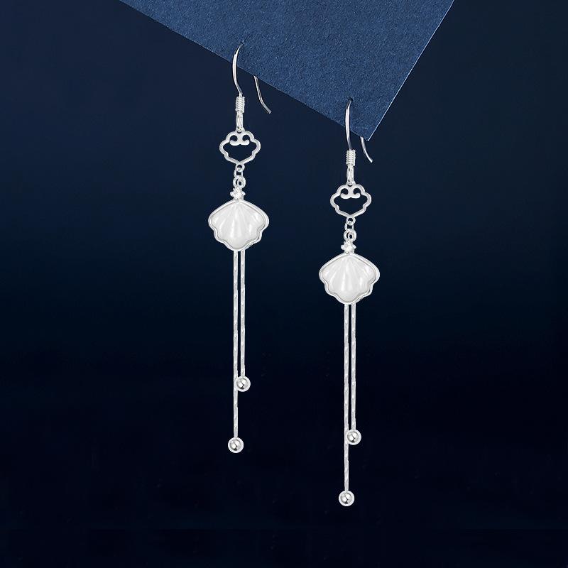 White Coral - ピアス レディース 女性用 S925シルバー スターリングシルバー シルバーカラー 小顔効果 華奢見え 白蝶貝 ホワイトシェル エレガント 上品 ロング フリンジ タッセル 古風 和風 クラシカル オフィス 通勤 カジュアル
