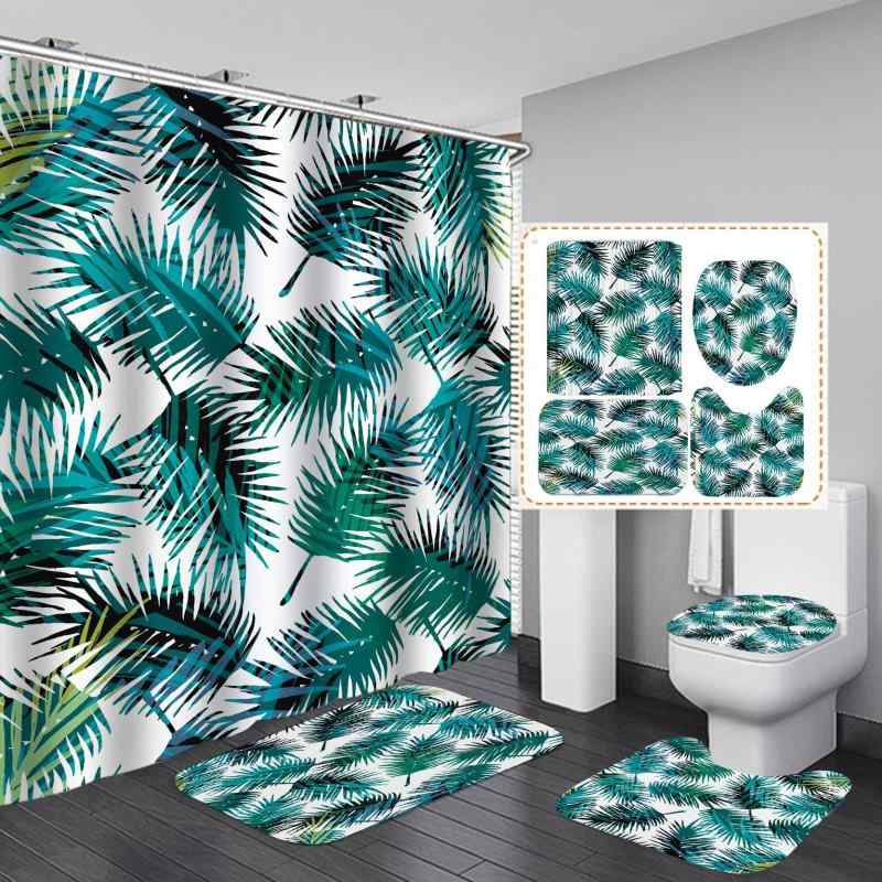 シャワーカーテン 防水加工 穴あけ不要 賃貸OK 突っ張り棒対応 おしゃれ モダンデザイン ボタニカル リーフ柄 高精細プリント ホテル仕様 浴室 間仕切り ポリエステル製 4点セット