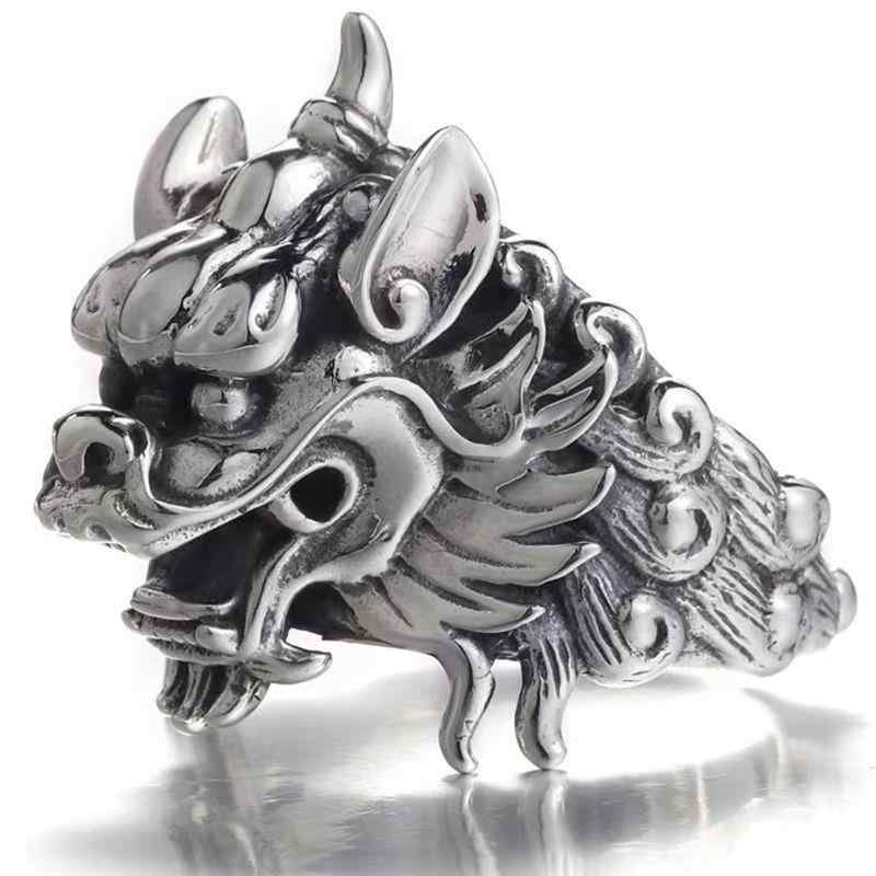 指輪 メンズ S925 タイシルバー 合金製 電気メッキ加工 麒麟 獬豸 動物モチーフ レトロ 民族風 迫力 威厳 人差し指 幅広 リング