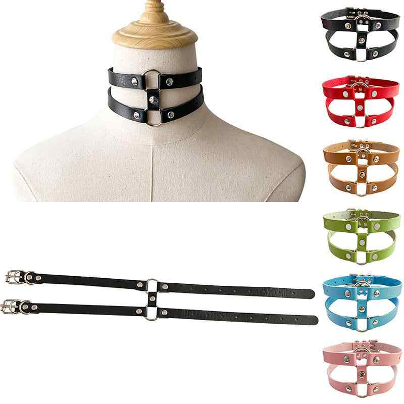 チョーカー レディース 女性用 ゴシック パンク ロック 個性的 レザー調 ダブルリング ピンバックル 多..