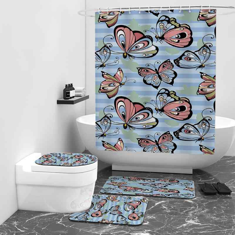 シャワーカーテン 防水 撥水加工 浴室 バスルーム 洗面所 間仕切り 目隠し ストライプ 蝶々柄 モダン シンプル デジタルプリント ポリエステル製