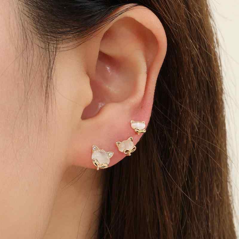 ピアス 男女兼用 ラインストーン 3ペアセット うさぎ キャッツアイ風 大中小サイズ 韓国風 シンプル ナチュラル おしゃれ かわいい トレンド 銅製 ゴールド シルバー(x2)