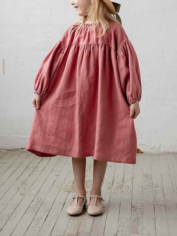ワンピース 女の子 ベビー キッズ 春秋 接触冷感 ラミーコットン 長袖 Aライン 北欧風 森ガール風 フリル襟 パフスリーブ レトロ クラシカル プリンセスドレス
