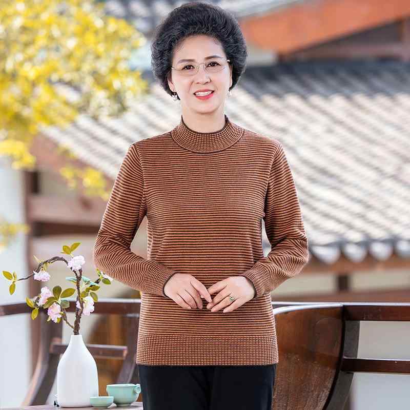 セーター レディース ミセス 中高年女性 秋冬 ハイネック ボーダー柄 ゆったり プルオーバー 綿混 中厚手 インナー 着回し トップス