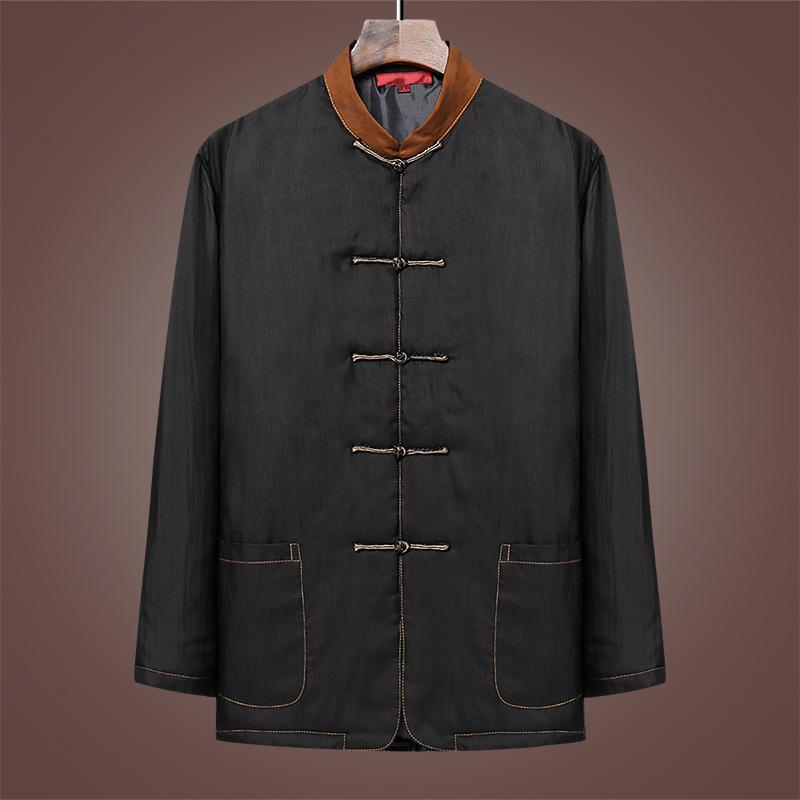 ジャケット メンズ 桑蚕シルク100% 保温性 肌触りなめらか 中綿入り 中華風 唐装 秋冬 カジュアル シニア向け レトロデザイン ブラック