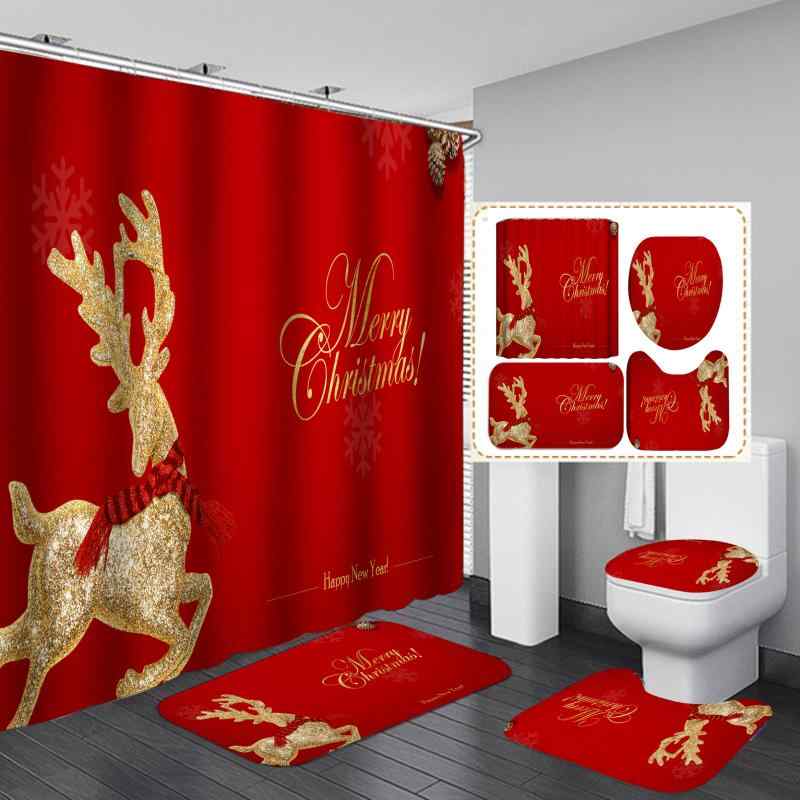 シャワーカーテン バスマット トイレカバー 4点セット 防水 防カビ 穴あけ不要 浴室 間仕切り ホテルライク ポリエステル製 クリスマス柄 アメリカンスタイル クリスマス限定
