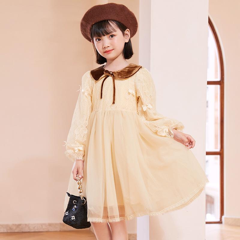 ワンピース キッズ 女の子 ジュニア レース 刺繍 プリンセス チュールスカート 長袖 ふんわり Aライン おしゃれ 上品 秋冬 発表会 パーティー フォーマル