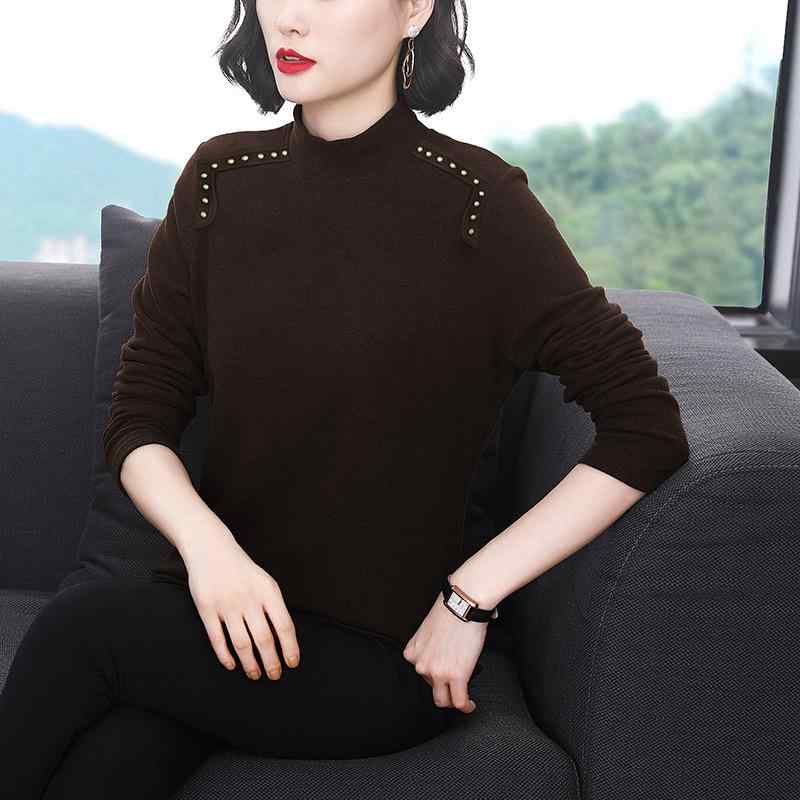 Tシャツ レディース 秋冬 無地 ミセス 大きいサイズ シンプル 半ハイネック 長袖 プルオーバー スリムフィット ストレッチ 切り替え 通勤 ブラウン