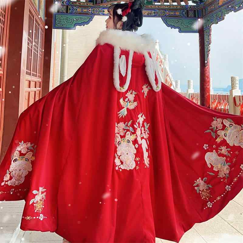 ポンチョ レディース 女性用 ケープ 裏起毛 厚手 防寒 暖かい ロング丈 ウサギ耳フード ボリュームファー襟 かわいい 漢服 お正月 晴れ着 冬 アウター 舞台衣装 和装