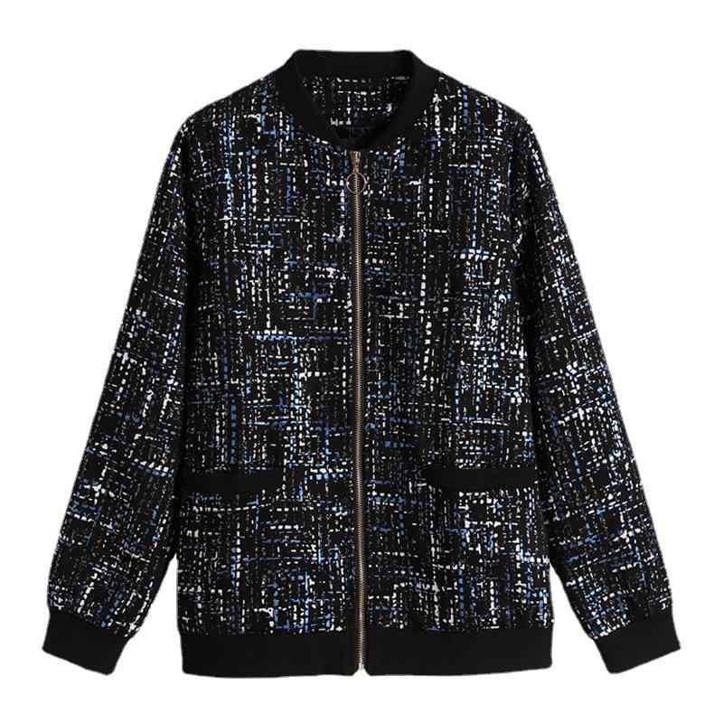 ジャケット レディース 中綿 厚手 ショート丈 ゆったり ミセス ママ 通勤用 きれいめ 秋冬 TR素材 ポリエステル スパンデックス チェック柄 ラウンドネック ポケット付き ジップアップ ブルー