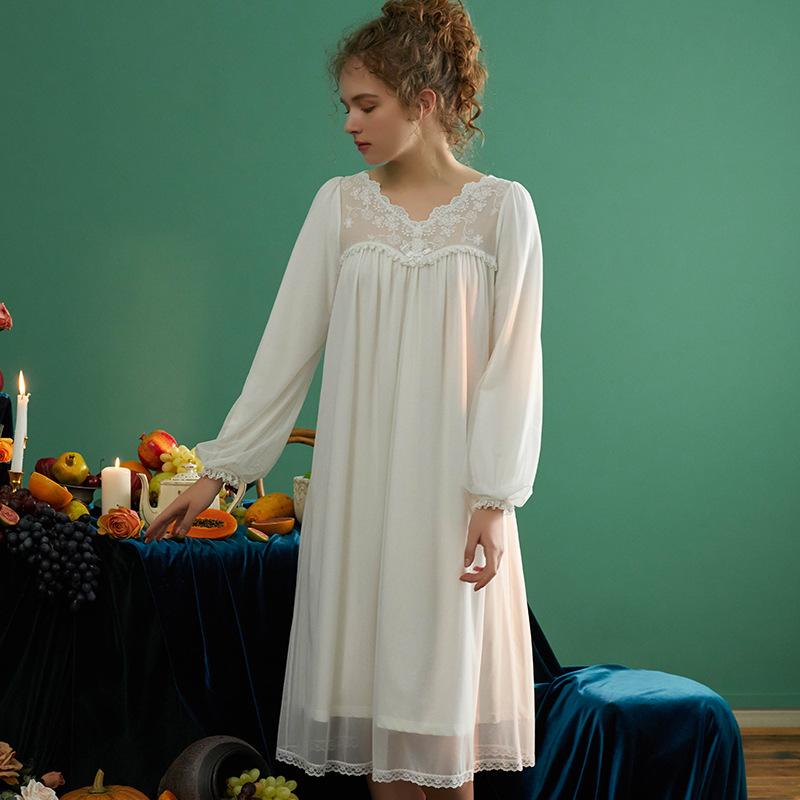 ネグリジェ レディース 快適 通気性 長袖 Vネック レース メッシュ 春秋 ルームウェア パジャマ 部屋着 無地 かわいい フェミニン レトロ 宮廷風 ワンピース