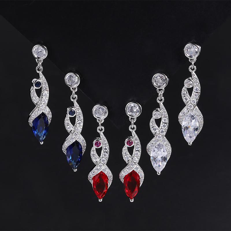 イヤリング レディース 女性用 ロング ドロップデザイン ブルー レッド クリア ジルコニア 欧米風 エレ..