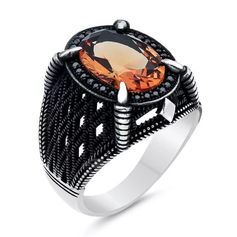 指輪 男女兼用 ユニセックス 電気メッキ加工 オープンリング フリーサイズ レトロ ヴィンテージ 幾何学 楕円形 透かし彫り メッシュ オレンジ色 宝石 個性的な パンク 銅製 シルバー 人差し指リング(4)