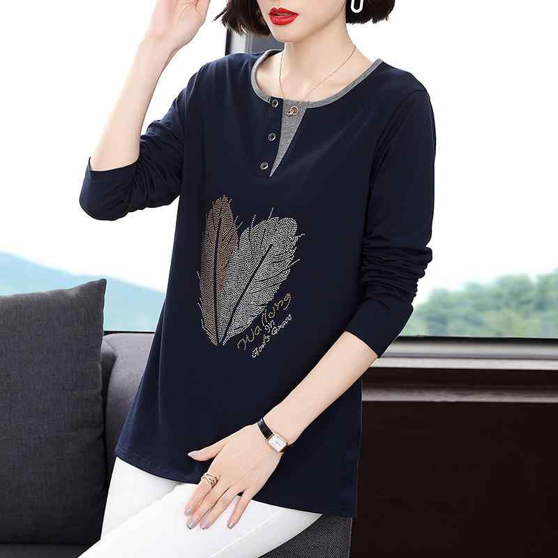 Tシャツ レディース ママ 長袖 丸首 ラインストーン装飾 ゆったり ルーズフィット コットンブレンド 大きいサイズ カットソー トップス 春夏秋冬 通勤 オフィス きれいめ 普段使い