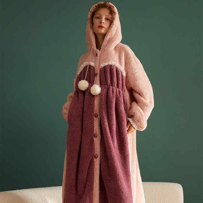 ローブ レディース 秋冬 厚手 保温 フード付き 長袖 ミドル丈 ふわふわ フランネル かわいい フェミニ..