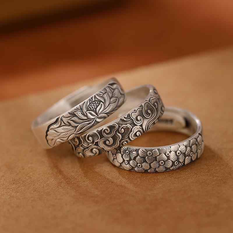 指輪 レディース S999 純銀製 アンティーク加工 マット加工 レトロ 中国風 祥雲 梅 蓮の花 モチーフ 精..